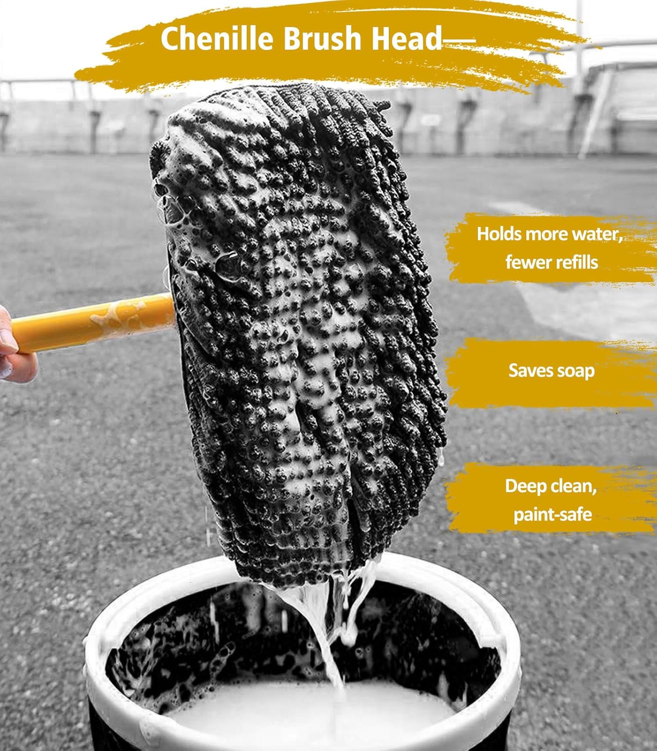 YeewayVeh Car Wash Brush with Long Handle, Microfiber Car Wash Mop with Replaceable Chenille Brush Head, Soft Cleaning Brush with 15° Curved Extension Pole Car Wash Kit for RV Truck Camper, Yellow