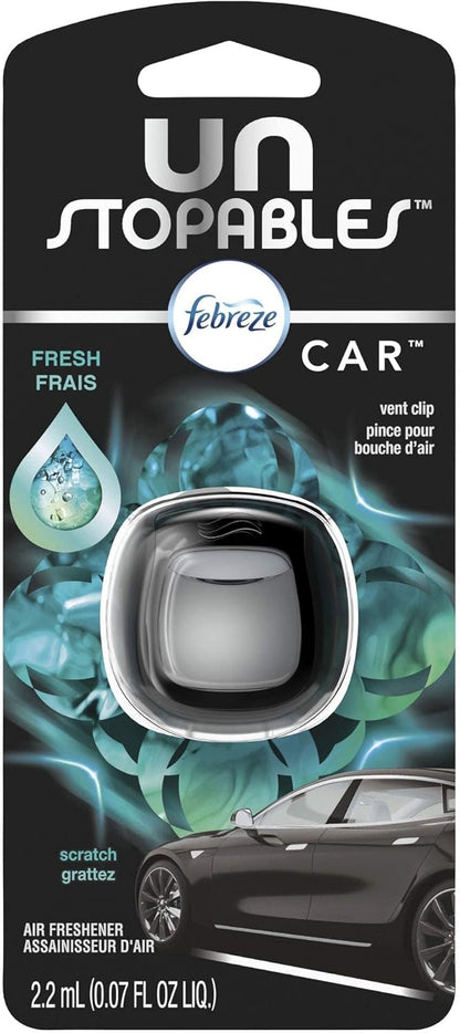 Febreze Car Air Freshener, Odor-Fighting Automotive Vent Clip, Scented Car Accessories, Long Lasting for Strong Odors, Unstopables Fresh Scent, .07 fl oz, 4 Count