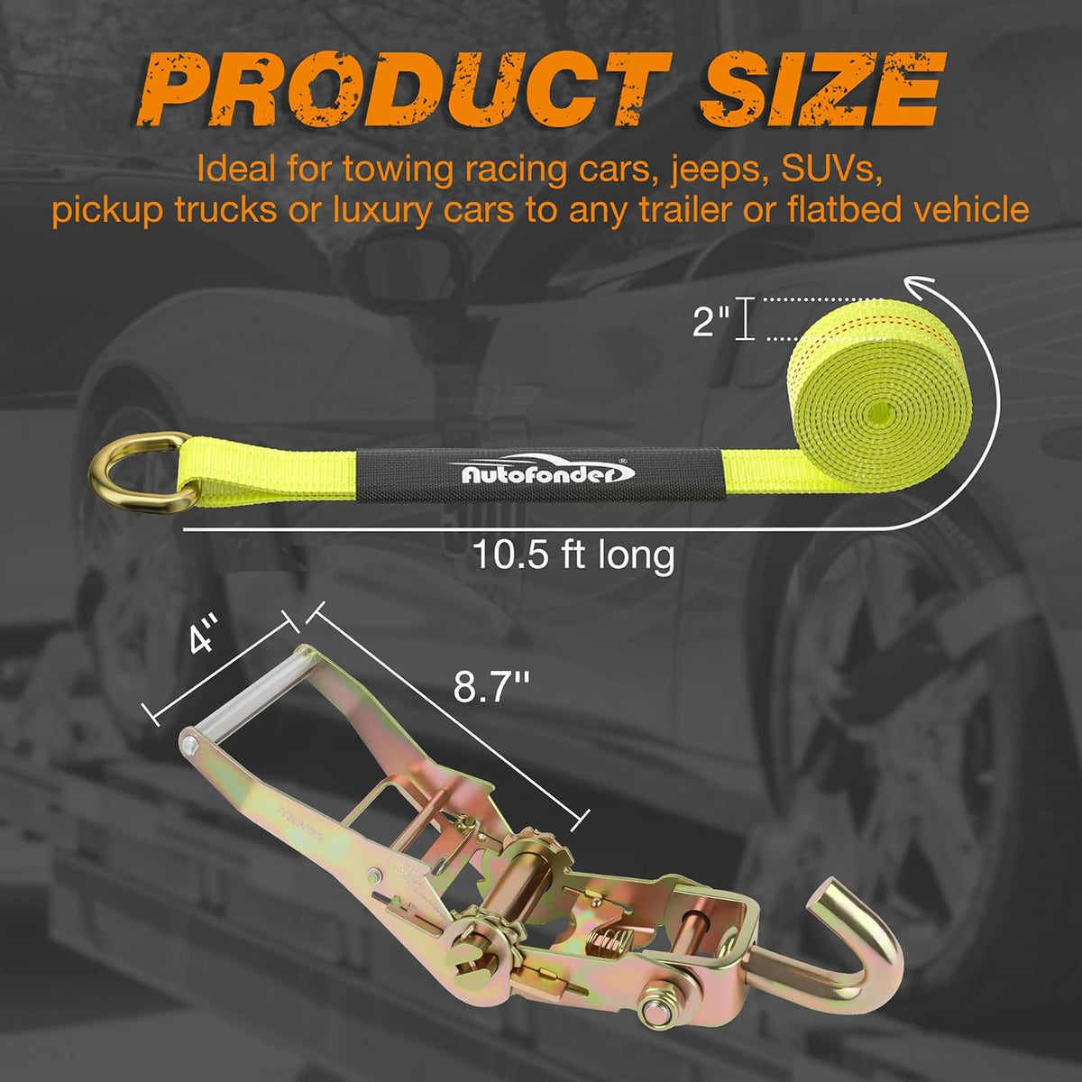 Heavy Duty Car Tie Down Straps with Flat Hook-10,000lbs Break Strength-4Pack Tire Ratchet Straps for Trailers,Trucks,UTV