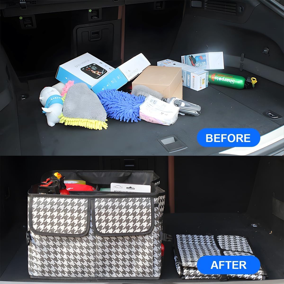 Mandark Car Trunk Organizer, Collapsible Multi Compartment Vehicle Storage Box, Waterproof Adjustable Automotive Organization Container Accessories, Universal for SUV, Sedan, Truck (Black)