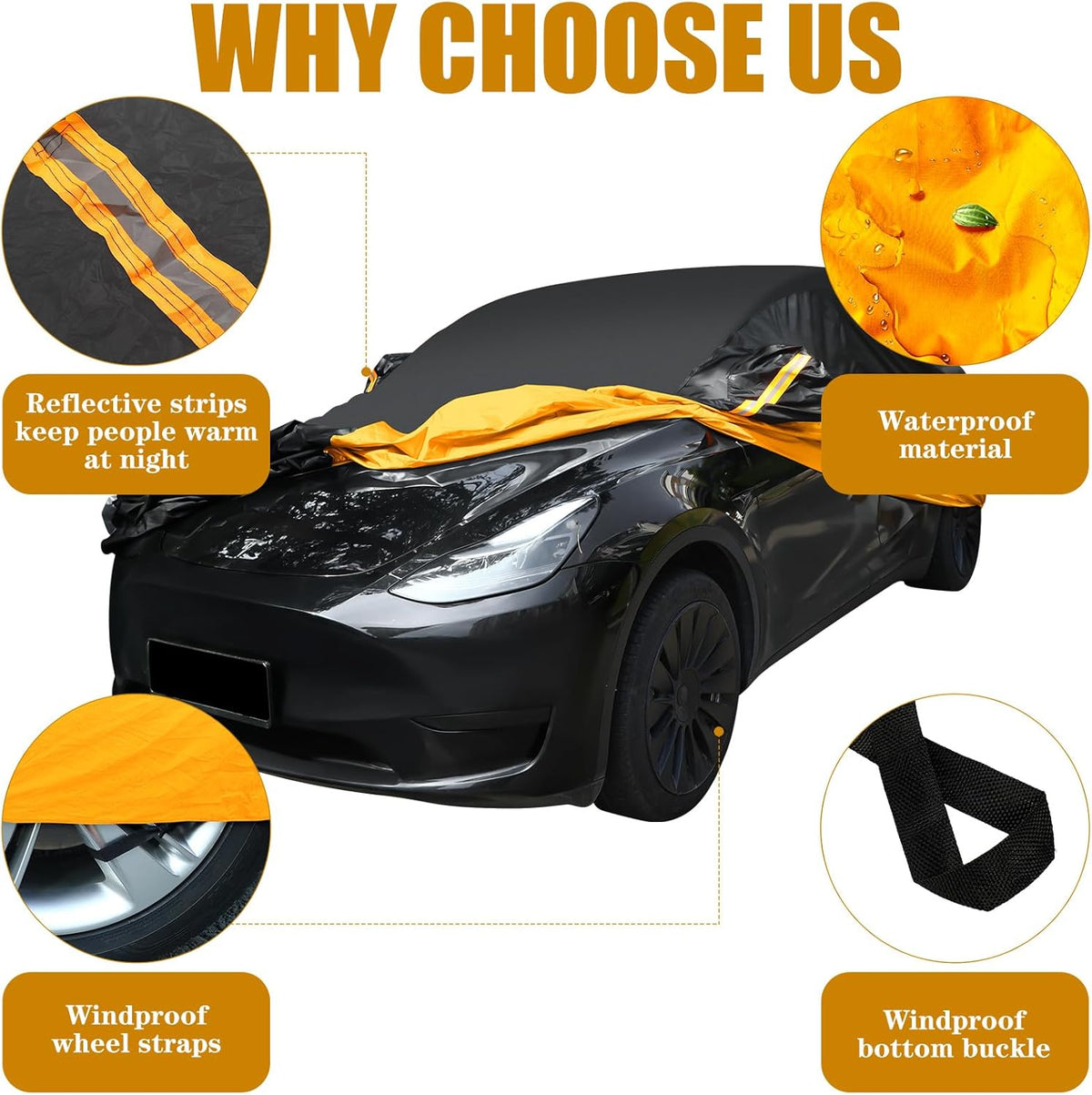 Riakrum Full Car Cover Waterproof All Weather for Automobiles Windproof Cover Rain UV Protection Sun Scratch Resistant Outdoor Universal(Fit Sedan Length (185-193'') 70'' H,Black, Orange)