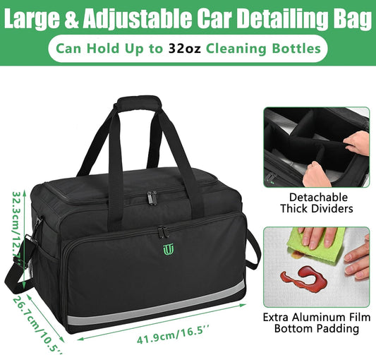 Extra Large Car Detailing Bag, Cleaning Caddy with Lid and Handle for Auto Detailing Supplies, Car Cleaning Storage Trunk Organizer for Polisher and Vehicle Wash Tools, Black