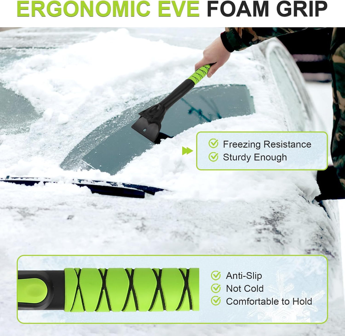 43" Ice Scraper for Car Windshield, Snow Brush with Squeegee, 3 in 1 Snow Removal for Cars with Foam Grip and 180° Pivoting Brush Head for Auto Truck SUV