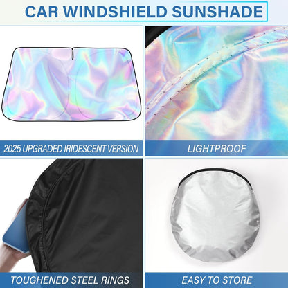 Iridescent Sun Shade for Car Windshield, Foldable Universal Car Windshield Upgrade Sunshade Enhanced UV Rays Reflective Sun Visor Shade Keeps Vehicle Cool
