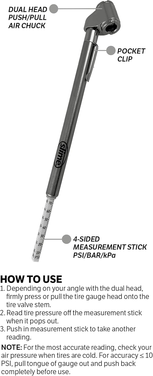 Slime 20049 Tire Pressure Gauge, Large Face Dial Analogue Gauge, 5-60 PSI