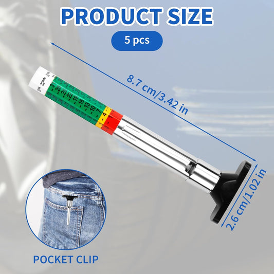 5 Pcs Tire Tread Depth Gauge in 1/32 Inch - Color Code Accurate Tread Depth Checker Measuring Tool with Pocket Clip for Car Trucks SUV Motorcycle Bike