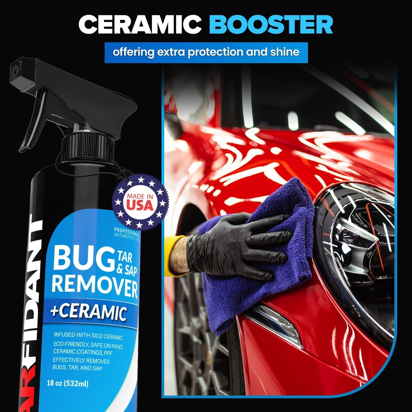 Carfidant Bug and Tar Remover for Cars Exterior with Ceramic Coating - Easily and Safely Clean Bug Splatter, Bird Poop from Paint, Plastic, Rubber, Metal, Chrome, Glass - Pre Wash for Car Detailing