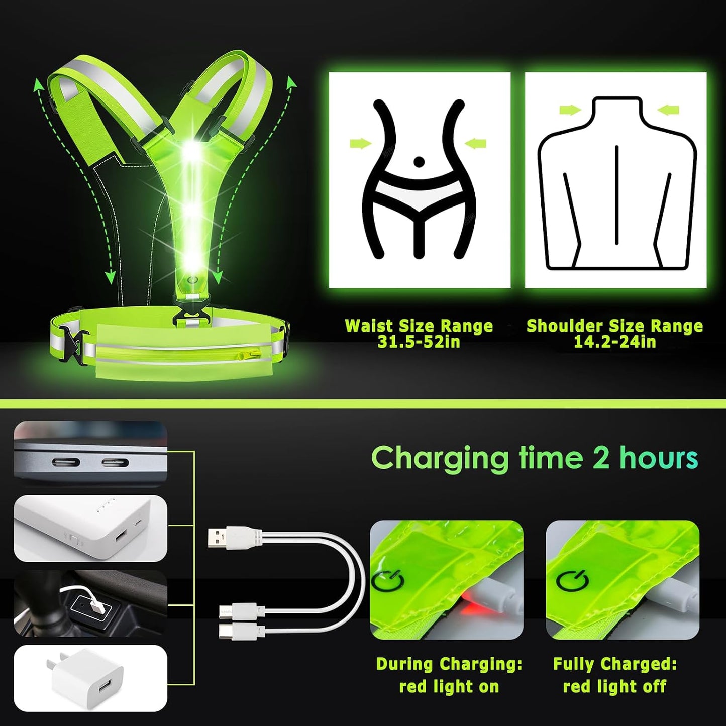 LED Reflective Light Up Safety Running Vest for Biking Walking at Night, LOYAL SEA High Visible Adjustable Running Light for Runners Rechargeable with Pouch, Reflective Running Belt Gear for Men Women