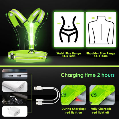 LED Reflective Light Up Safety Running Vest for Biking Walking at Night, LOYAL SEA High Visible Adjustable Running Light for Runners Rechargeable with Pouch, Reflective Running Belt Gear for Men Women