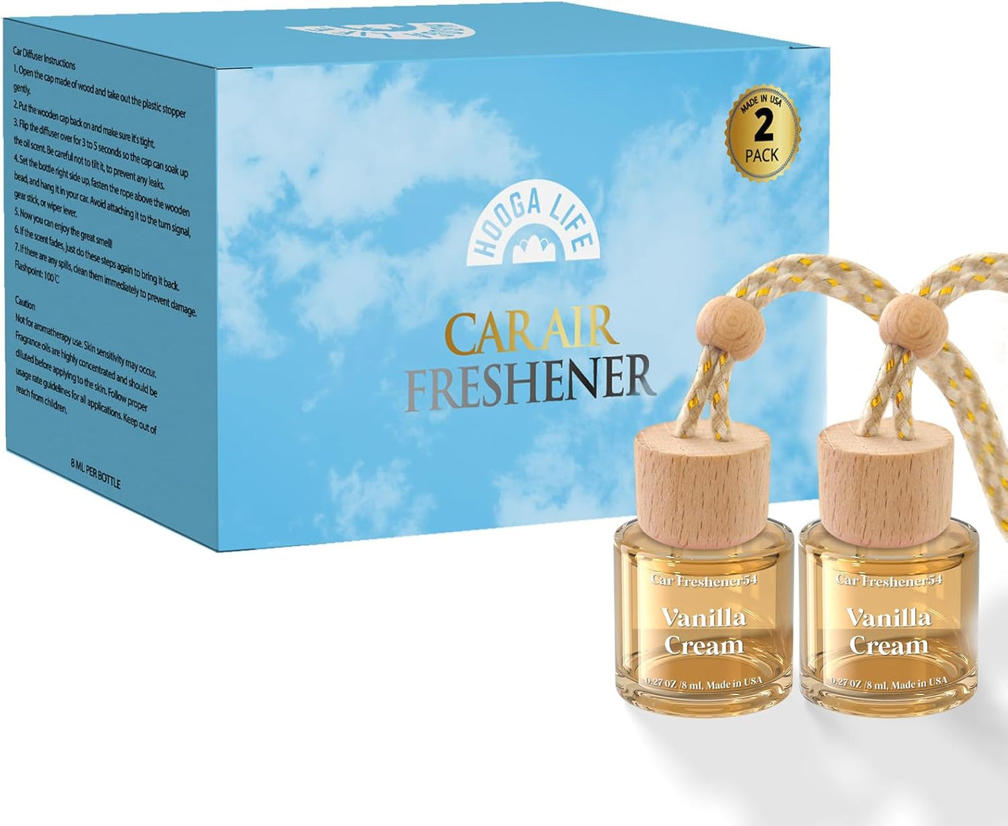 HoogaLife Car Air Freshener Diffuser 2 Pack Hanging Air Freshener Diffuser - Vanilla Cream Fragrance Oil Air D iffuser for Car, 45+ days Long Lasting Fragrance Made in USA C ar Air Fresheners (V54)