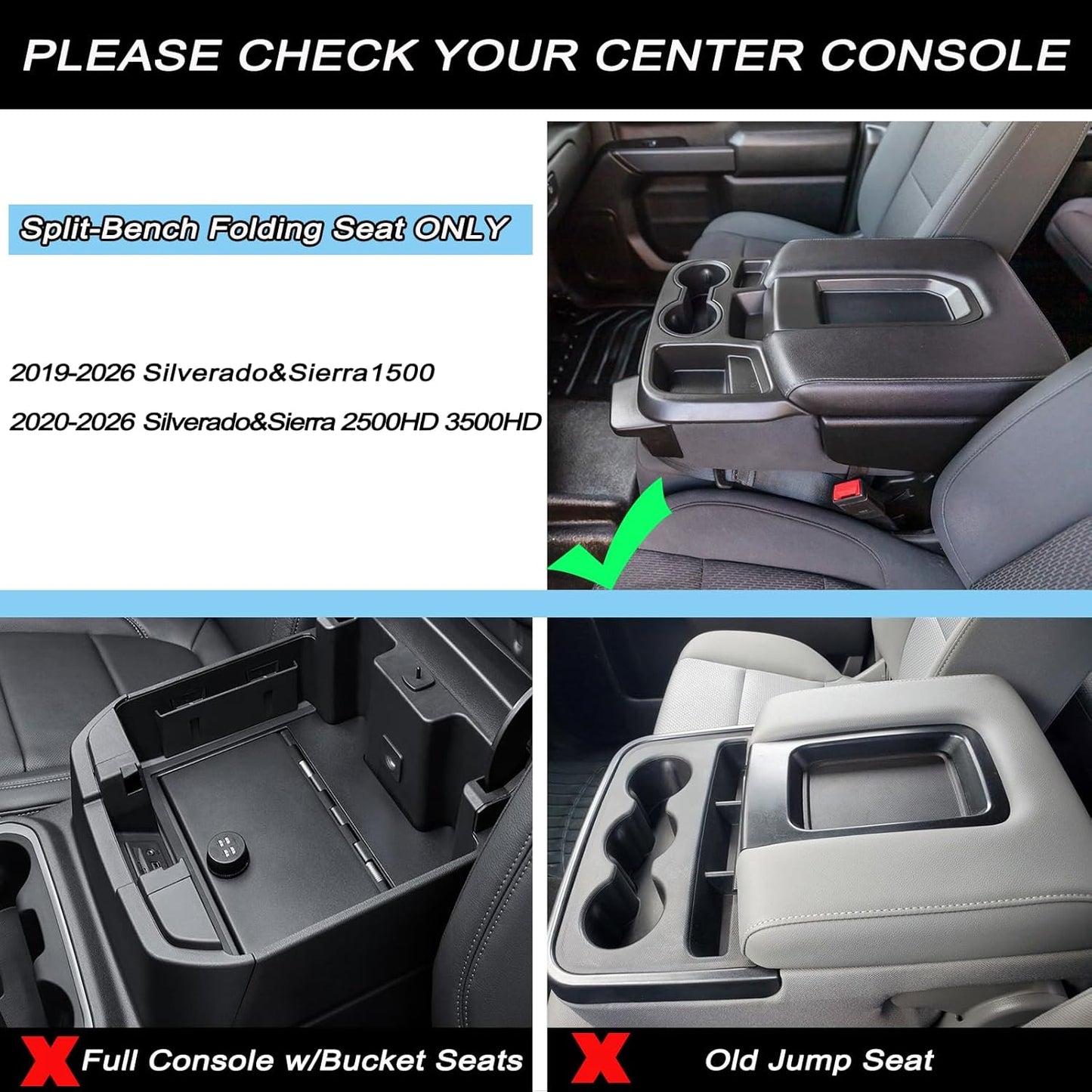JKCOVER Center Console Hanging Organizer Box Compatible with 2019-2026 Chevy Silverado/GMC Sierra 1500 and 2020-2026 Chevrolet Silverado/Sierra 2500HD 3500HD Accessories(Split-Bench Folding Seat Only)