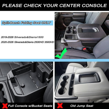 JKCOVER Center Console Hanging Organizer Box Compatible with 2019-2026 Chevy Silverado/GMC Sierra 1500 and 2020-2026 Chevrolet Silverado/Sierra 2500HD 3500HD Accessories(Split-Bench Folding Seat Only)
