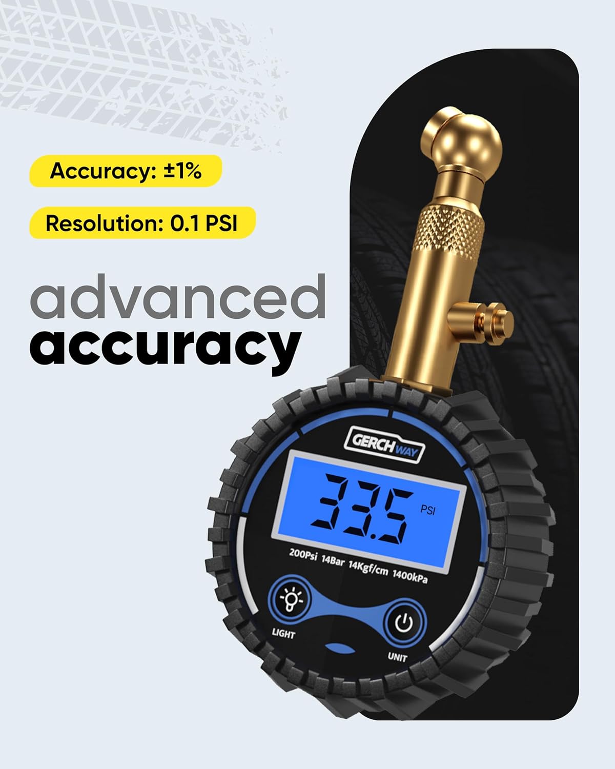 GERCHWAY Digital Tire Pressure Gauge for Cars - Accurate Air Pressure Gauge for Tires with 360° Swivel Chuck - 200 PSI