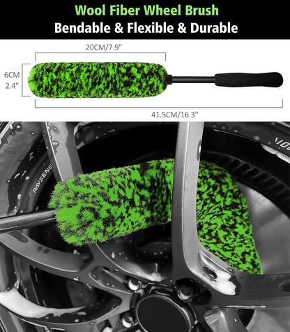 YeewayVeh 3PCS Quick Car Wheel Brush Kit, 2-Size 360° Bendale Rim Cleaner Brushes, Boars Hair Detailing Brush, Fast Scratch-Free Cleaning for Car Wheels, Motorcycle, Green