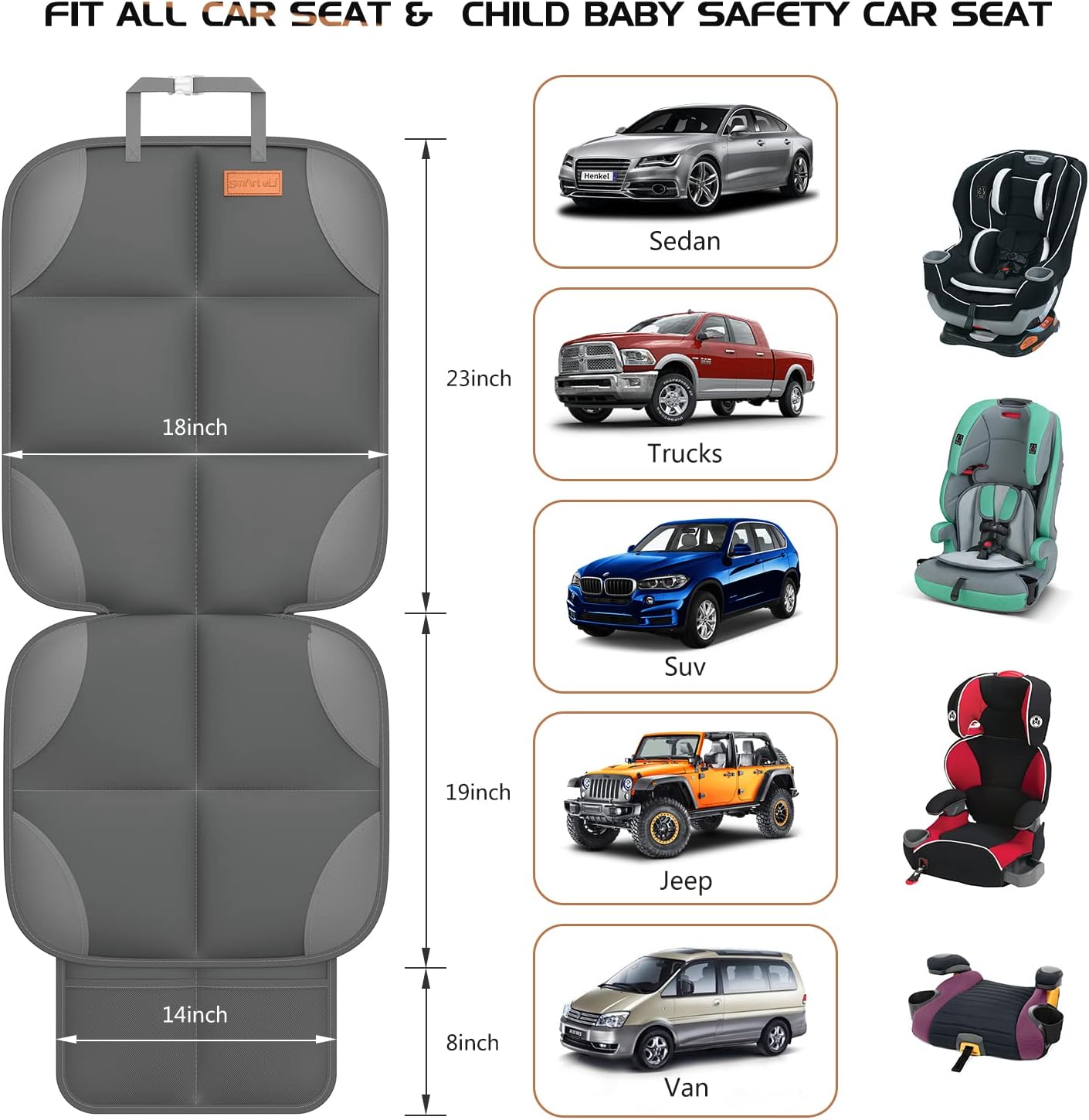 SMART ELF Car Seat Protector, 2Pack Seat Protector Protect Child Seats with Thickest Padding and Non-Slip Backing Mesh Pockets for Baby and Pet,Sedan SUV Truck (Black)