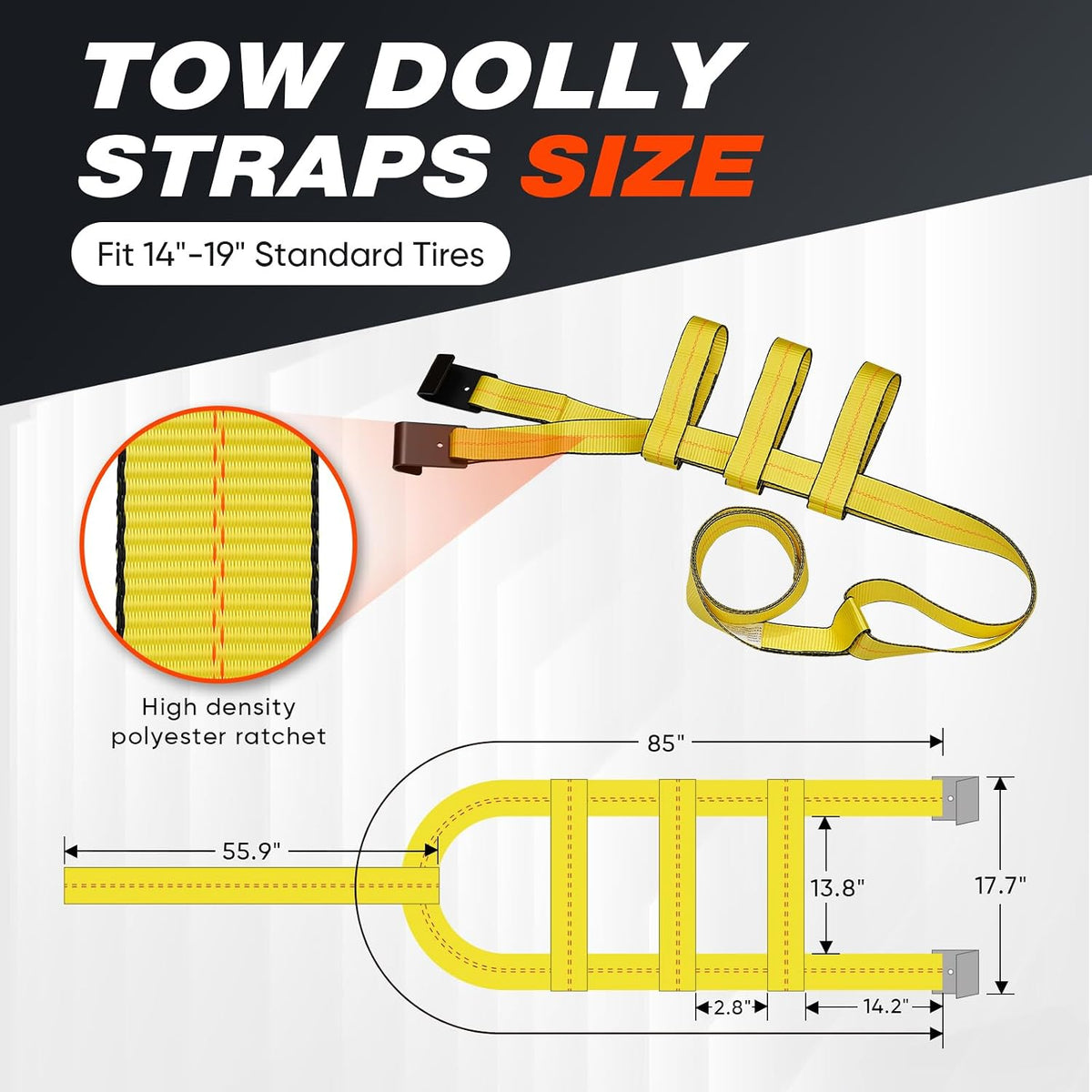 Tow Dolly Straps 2Pcs Tow Dolly Basket Straps with Flat Hook Fit 14"-19" Tires, Car Wheel Tie Down Strap with 10,000 lbs Breaking Strength