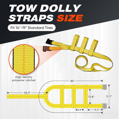 Tow Dolly Straps 2Pcs Tow Dolly Basket Straps with Flat Hook Fit 14"-19" Tires, Car Wheel Tie Down Strap with 10,000 lbs Breaking Strength