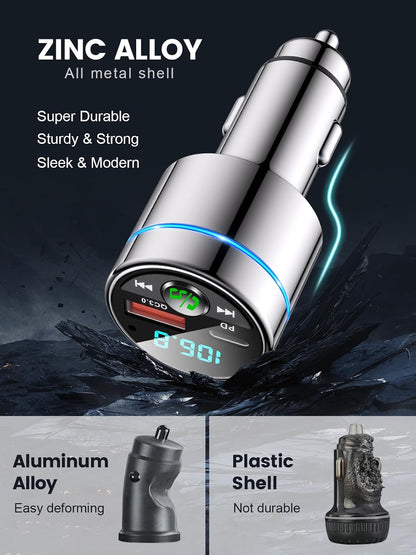 RIWUSI FM Transmitter for Car Bluetooth 5.3, [All-Metal] PD 30W & QC3.0 18W Fast Car Charger, Wireless FM Radio Kit Bluetooth Car Adapter, Noise Cancelling Hands-Free Call, Blue Light - Black