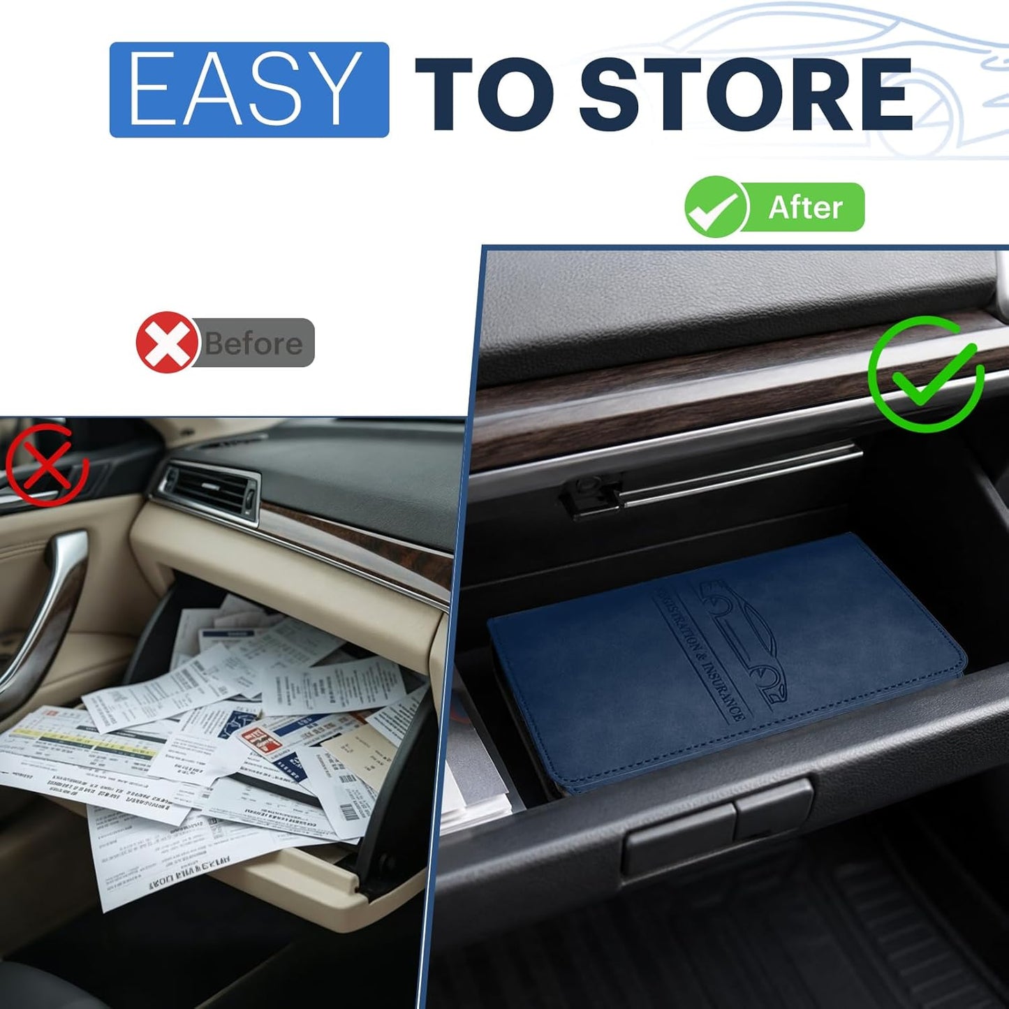 Car Registration and Insurance Card Holder, Magnetic Closure Leather Vehicle Document Organizer, Neat Stitched Glove Box Storage Case, Compact Lightweight Card Holder for Driver License - Black