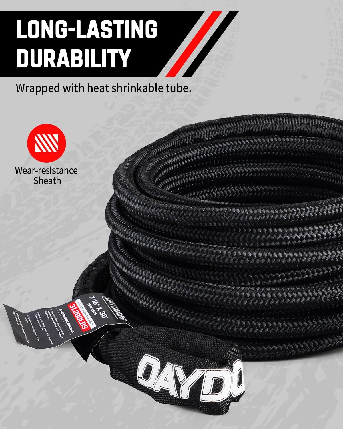 DAYDOOR Recovery Tow Rope Kit with 2 Soft Shackles, 7/16 Inch x 30 ft 31,200 Lbs UHMWPE Tow Strap, Synthetic Towing Rope Recovery Kit for ATV, UTV, SUV, Cars (Gray)