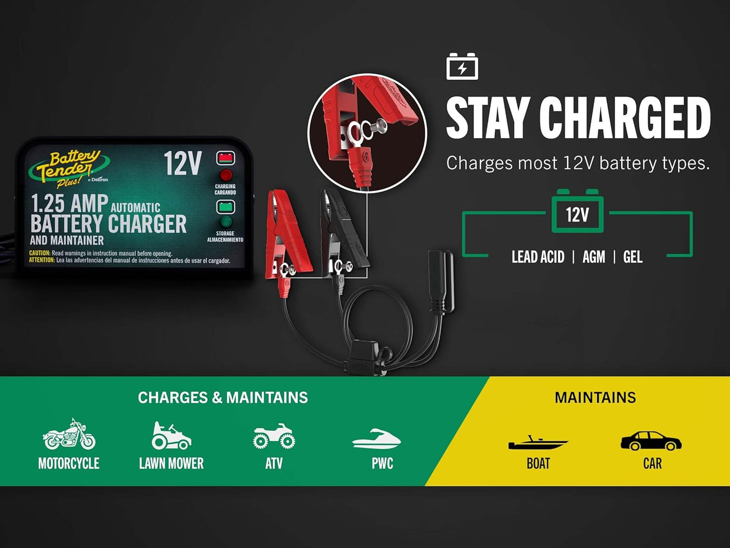Battery Tender Plus 12V 1.25 AMP Car & Motorcycle Battery Charger and Maintainer, Float Charge for Automotive, and ATVs - Smarter Than a Trickle Charger