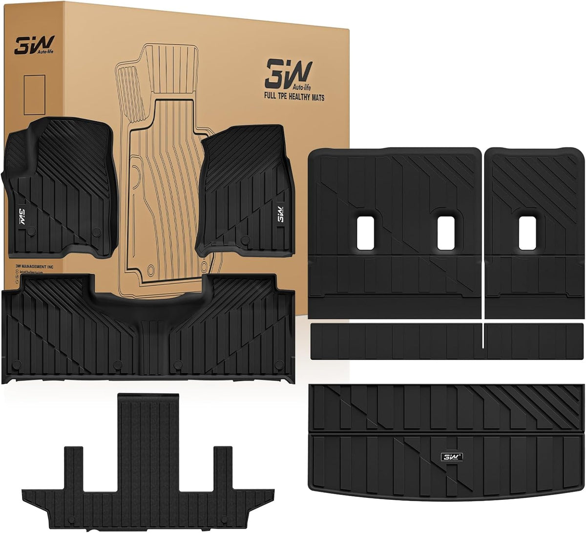 3W Floor Mats & Cargo Liner Fit for 2021 2022 2023 2024 2025 2026 Chevy Tahoe/GMC Yukon/Cadillac Escalade 7 Seat, TPE All Weather Custom Fit Car Accessories Heavy Duty Rubber Full Set Trunk Mats - Colors B