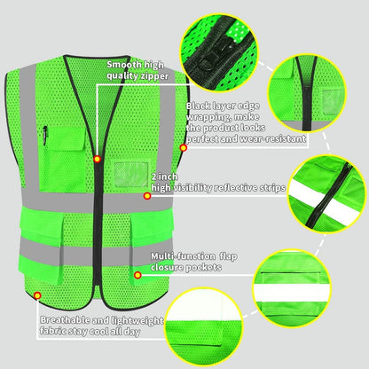 HYCOPROT High Visibility Mesh Safety Reflective Vest with Pockets and Zipper, Meets ANSI/ISEA Standards
