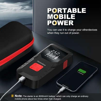 12 V Car 8000 mAh Battery Jump Starter 2800A with 150psI Air Compressor, Compact and Practical Edition QB08L Safe Smart, Portable Jump Box and Charger for 6.0L Gas and 3.0L Diesel Engines.