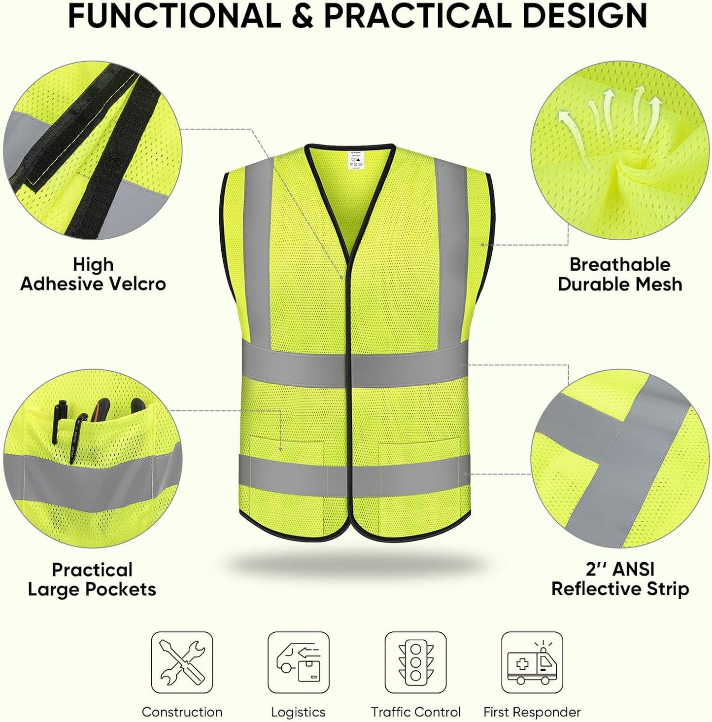TICONN 2PK/4PK Reflective Safety Vest, High Visibility Vest with Reflective Strips for Men Women, Meets ANSI II