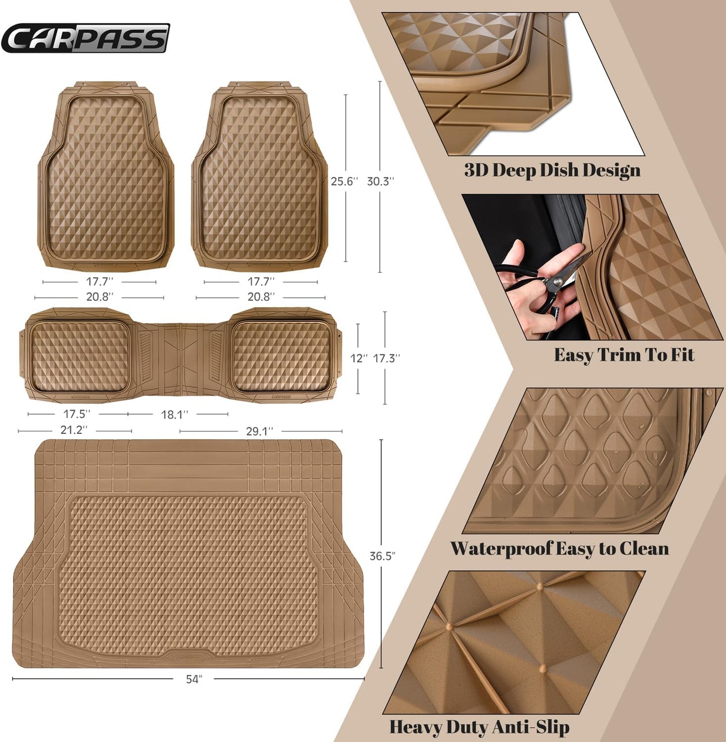 CAR PASS Heavy Duty Rubber Car Mats, Deep Dish All-Weather Floor Mat for Car Full Set Durable Anti-Slip 3D Rhombus Waterproof Trim to Fit Liner Universal Fit Automotive,Sedan,SUV,Truck, 3 Piece Black