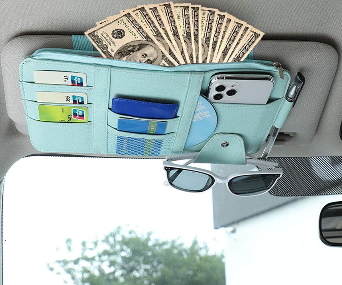 Car Visor Organizer, Auto Interior Accessories, Car Truck SUV Storage Pouch Holder, with Multi-Pocket Net Zipper (Black)