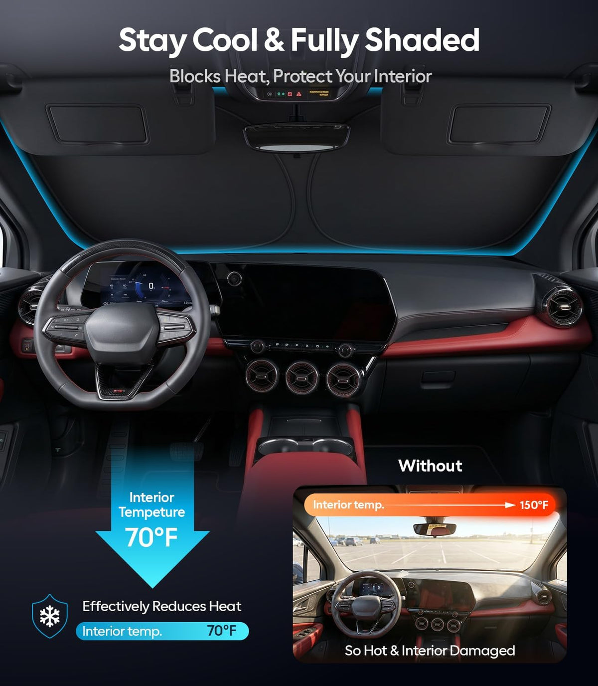 Wigoo Tesla New Model Y Accessories Windshield Sunshade [OEM Design, 100% Sun Blockage] Foldable Heat Insulation Sunshade with Storage Bag, for Model Y 2020~2026 (Juniper), Silver Coating - Colors B