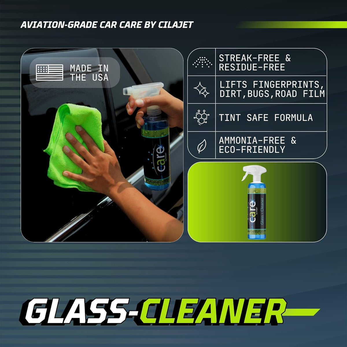 Care Glass Cleaner Spray, Streak-Free Car Window Cleaner for Windshields, Mirrors & Tinted Glass, Professional Window Cleaning Kit, Car Essentials, 16 oz
