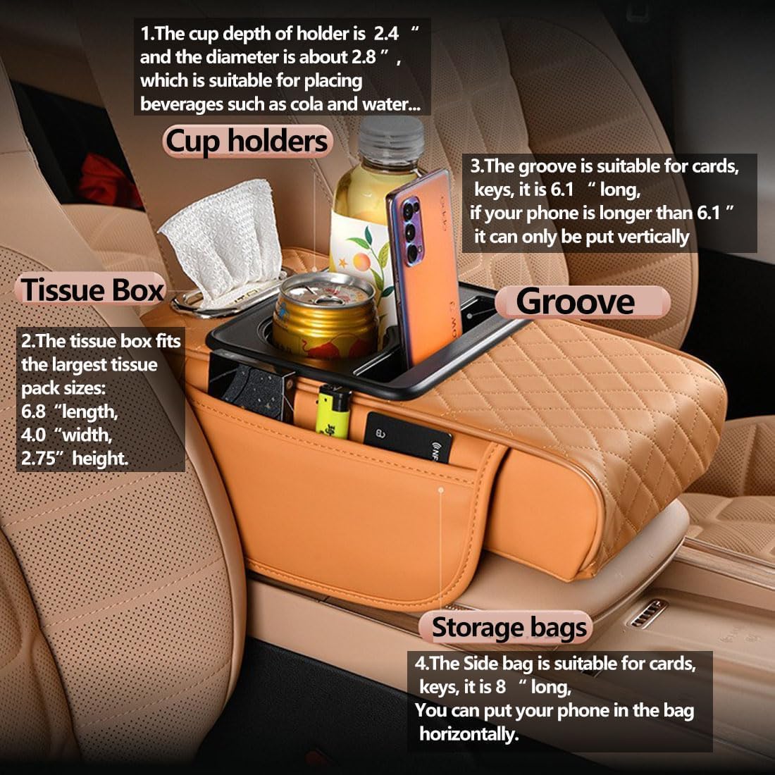 Car Armrest Cushion,5-in-1 Center Console Cover with 2 Storage Bags Cup Holder, Tissue Box Slot, Phone Slot for Sedans, Car Accessories Interior Organizers (Black)