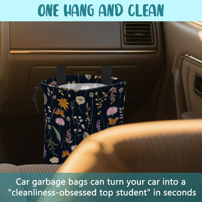 Car Garbage Bag Colorful Floral Spring Daisy Drawstring Car Trash Bag Hanging for Back Seat with Adjustable Buckle Canvas Vehicle Trash Can Easy-to-Install