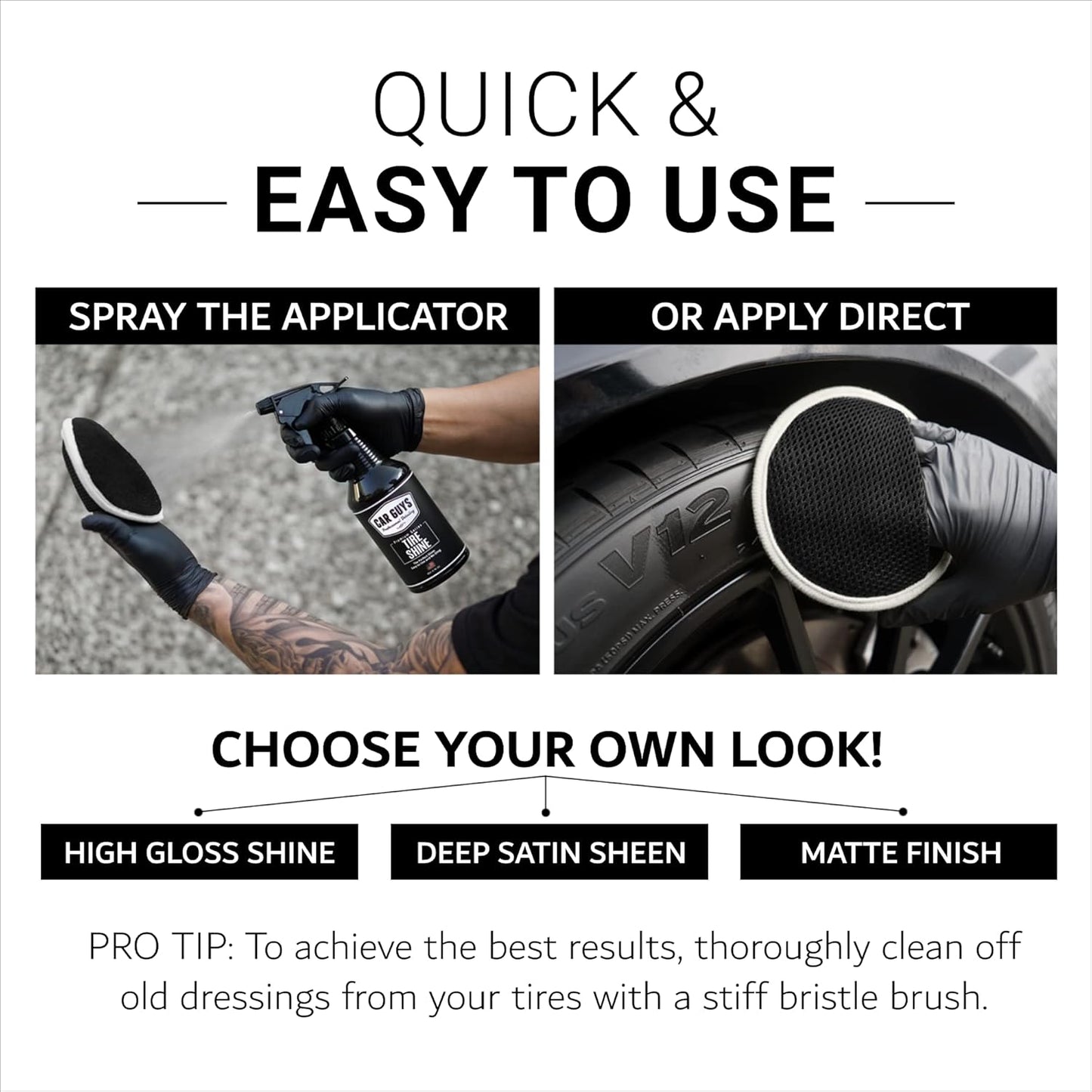 CAR GUYS Tire Shine Spray - The Perfect Deep Black Shine - Long Lasting Car Tire Dressing - No Sling & Dry to Touch - 18 Oz Kit with Applicator