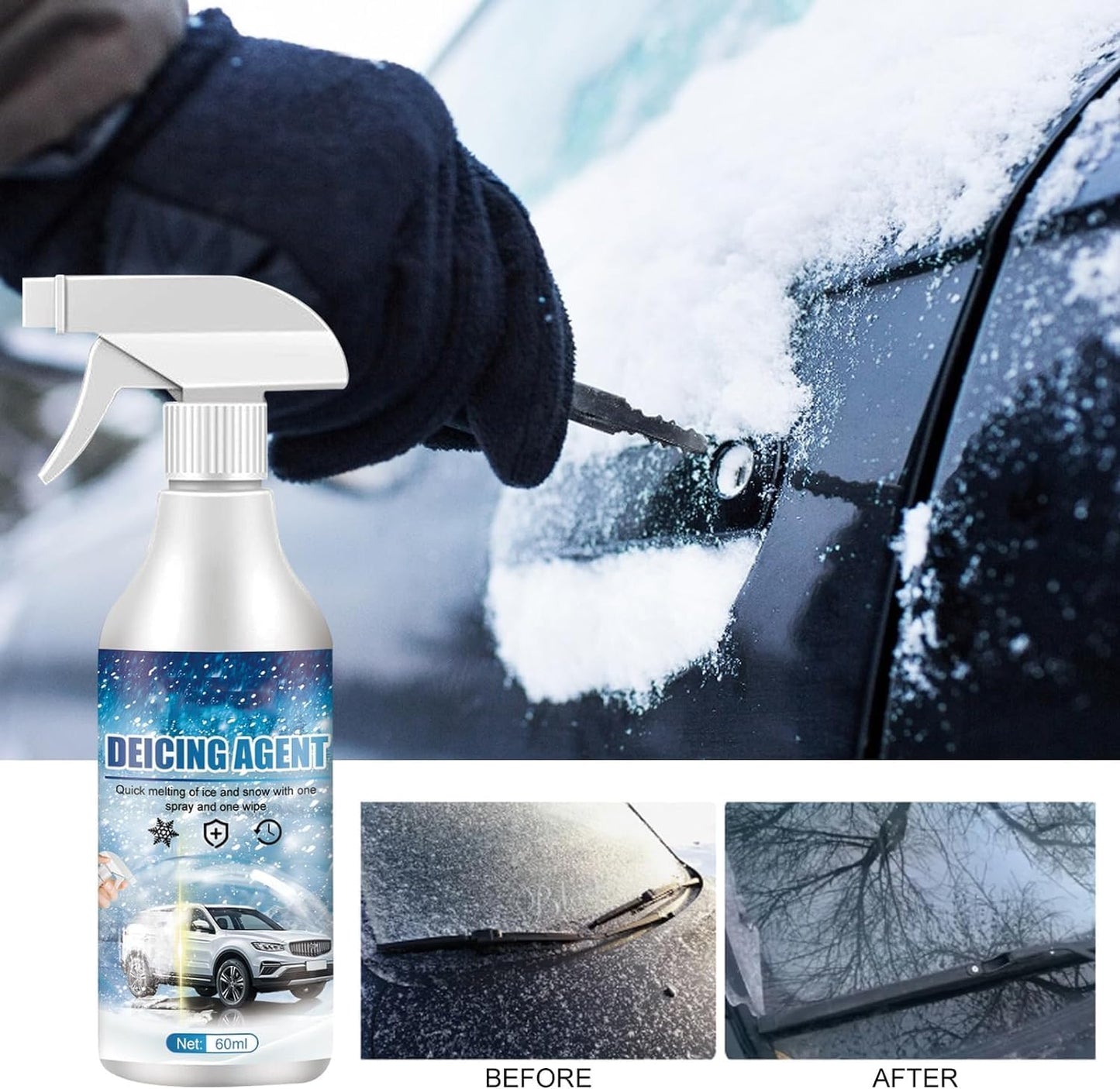 De - Icer for Car Windshield Defroster, Window Snow Spray, Deicing Spray, Melting Spray, Deicer for Car Windshield, Winter Car Essentials, Fast Ice & Snow Melting Spray 60ml (2pcs)