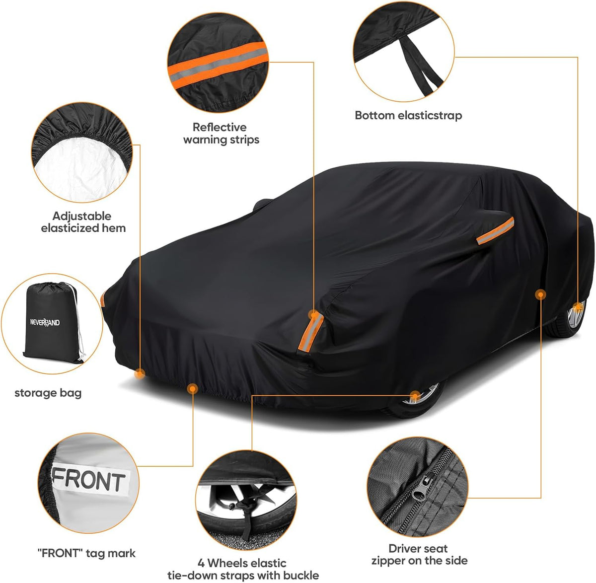 NEVERLAND Sedan Car Cover Waterproof Heavy Duty All Weather Protection Snow Anti-UV Windproof Outdoor Full Car Cover Fit for Automobiles BMW/Mercedes-Benz/Honda（for Car Size:183''L x 70''W x 59''H）
