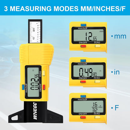 Tire Tread Depth Gauge, 3 Modes Digital Tire Depth Gauge-Fractional Inch, Decimal Inch and Millimeter for Motorcycles, Cars, Trucks, Vans, SUV - Yellow