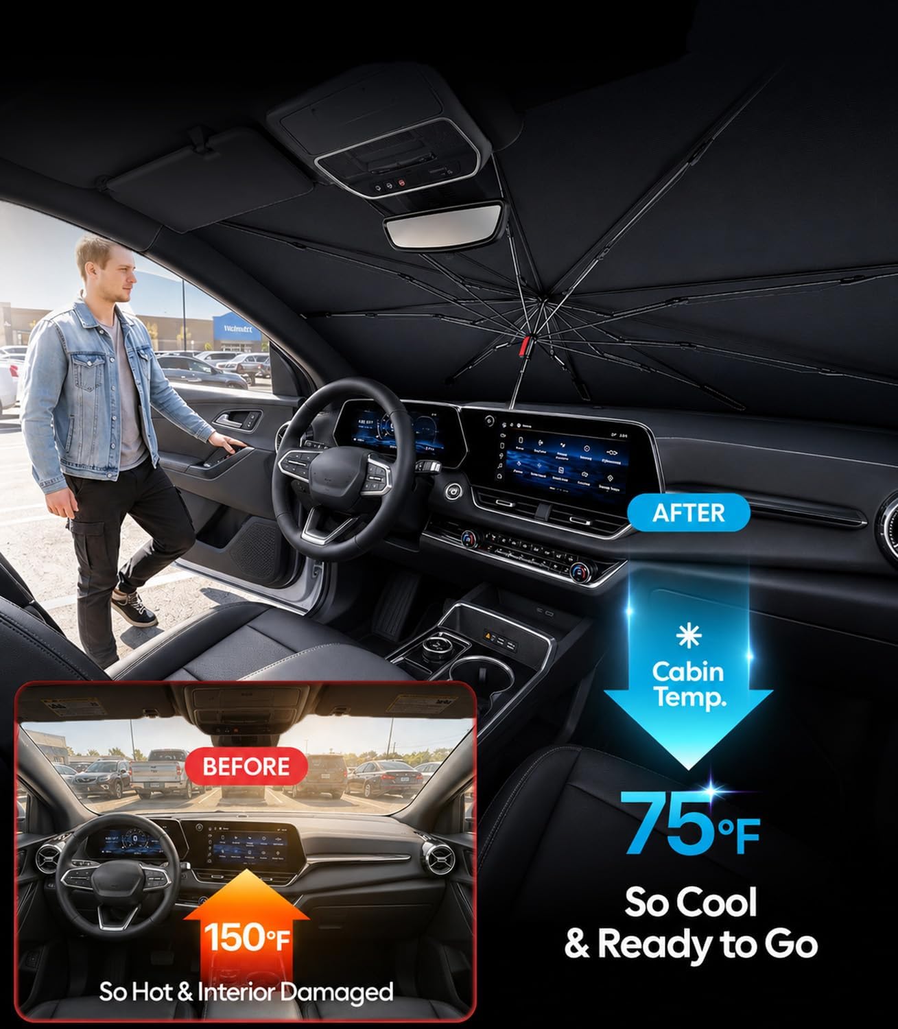 Wigoo Windshield Sun Shade Umbrella for Tesla Model Y [100% Sun Blockage, Ice Cooling Fabric] Foldable Heat Insulation Front Window Sunshade Umbrella for Tesla Model Y 2020–2026 (Juniper)