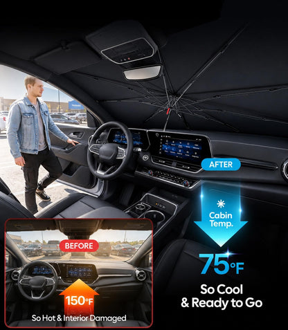 Wigoo Windshield Sun Shade Umbrella for Tesla Model Y [100% Sun Blockage, Ice Cooling Fabric] Foldable Heat Insulation Front Window Sunshade Umbrella for Tesla Model Y 2020–2026 (Juniper)