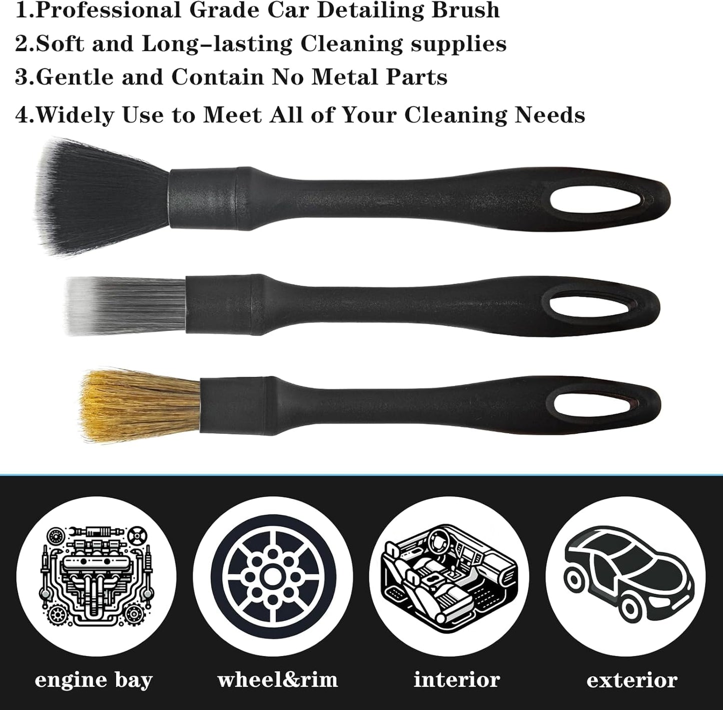 Detailing Brush Set -5 Different Sizes Premium Natural Boar Hair Mixed Fiber Plastic Handle Automotive Detail Brushes for Cleaning Wheels, Engine, Interior, Air Vents, Car, Motorcy