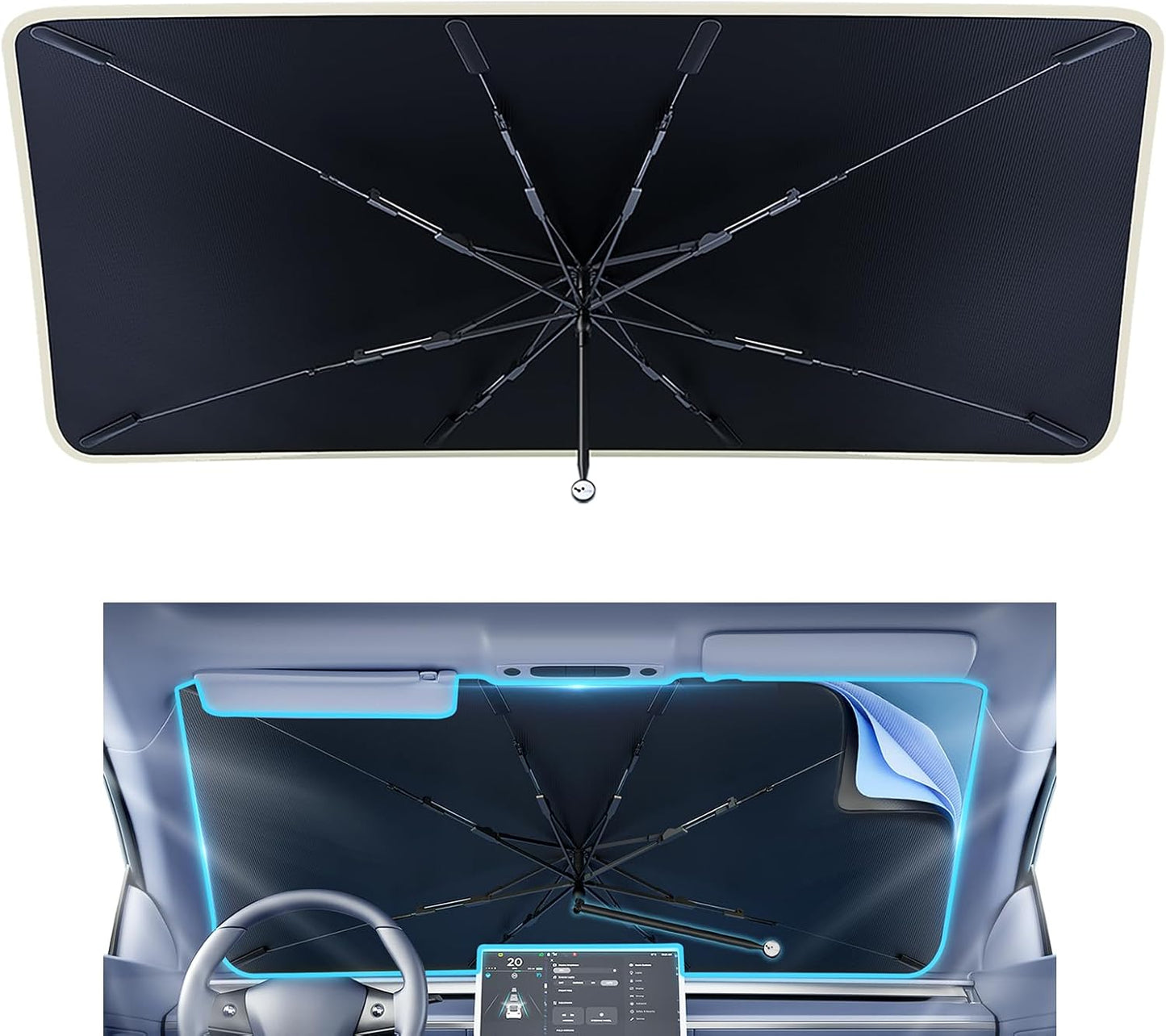 helloleiboo Car Windshield Sun Shade Umbrella 57" x 32", Windshield Sun Shade Foldable with 5-Layer Thickened Vinyl Coating Reflective Heat & UV Protection Fits Most Sedans & Compact SUVs
