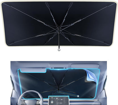 helloleiboo Car Windshield Sun Shade Umbrella 57" x 32", Windshield Sun Shade Foldable with 5-Layer Thickened Vinyl Coating Reflective Heat & UV Protection Fits Most Sedans & Compact SUVs
