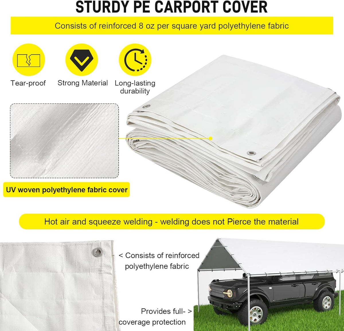 10 x 20 Ft Carport Replacement Canopy Cover Garage Top Tent Shelter Tarp with Free 48 Ball Bungee Cords,White(Only Cover, Frame Not Include)
