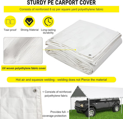 10 x 20 Ft Carport Replacement Canopy Cover Garage Top Tent Shelter Tarp with Free 48 Ball Bungee Cords,White(Only Cover, Frame Not Include)