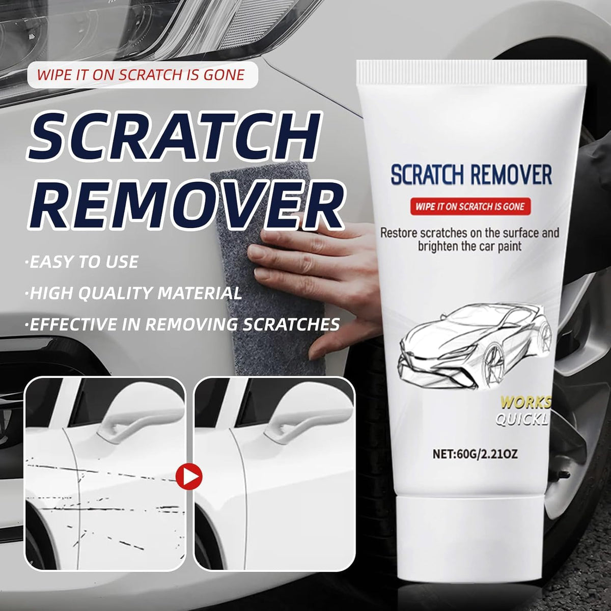 Car Scratch Remover, Scratch Remover for Vehicles, Car Paint Scratch Repair with Nano Sparkle Cloth, Car Scratch Repair 60g