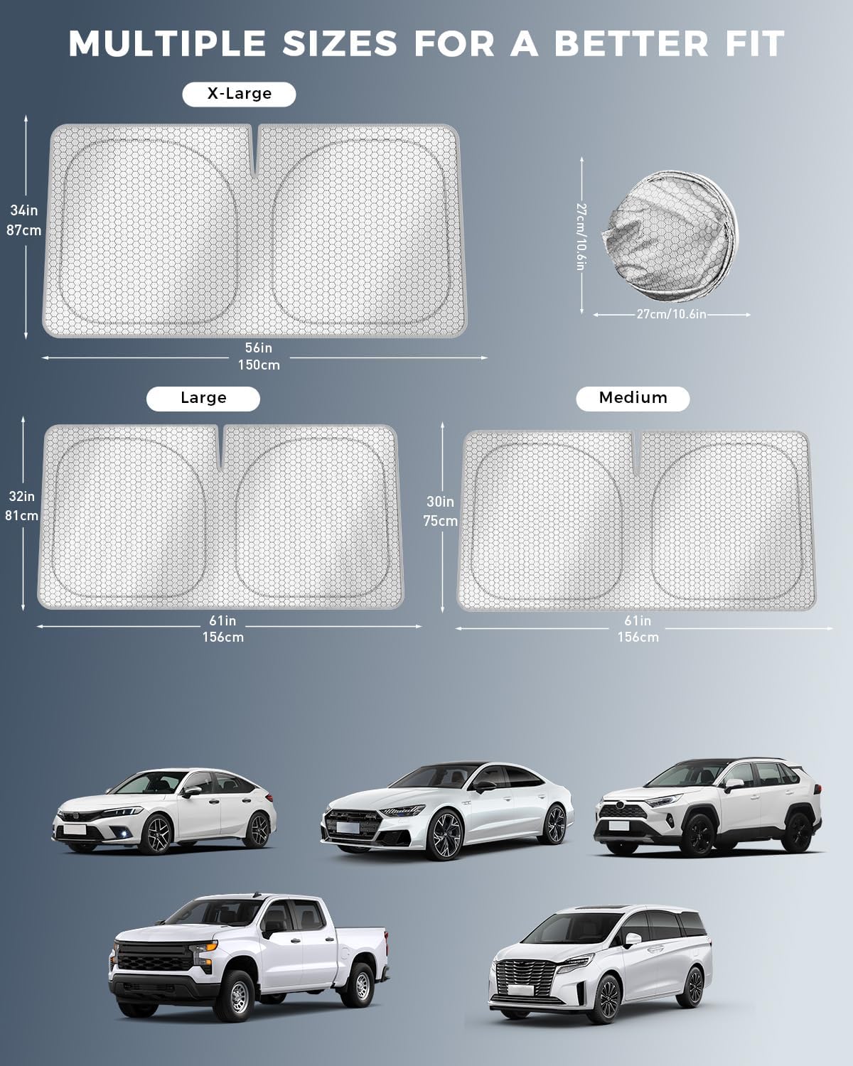 helloleiboo Graphene Car Windshield Sun Shade Car Sun Shade for Windshield with Heat Absorption Coating Foldable Design with UV Protection to Keep Your Car Interior Cooler Silver (X-Large-61 × 34 in)