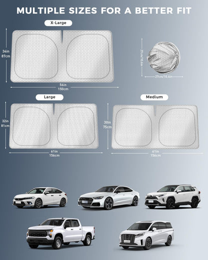 helloleiboo Graphene Car Windshield Sun Shade Car Sun Shade for Windshield with Heat Absorption Coating Foldable Design with UV Protection to Keep Your Car Interior Cooler Silver (X-Large-61 × 34 in)
