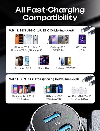 LISEN 90W Car Charger USB C Fast Charge, USB C Car Charger Fast Charge, Type C Car Charger for iPhone 17 Pro Max 16 15 14 13 12 11, for Samsung S26 S25 S24 [with Lighning & USB-C Cable]